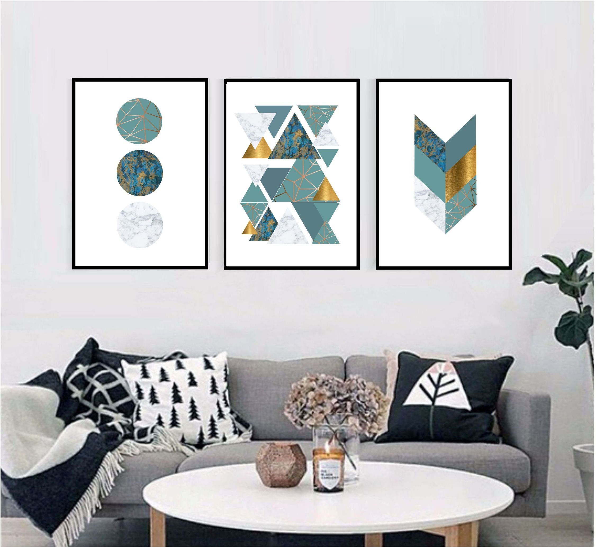 Set of 3 Geometric Prints Teal Blue Gold Printable Wall Art - Etsy