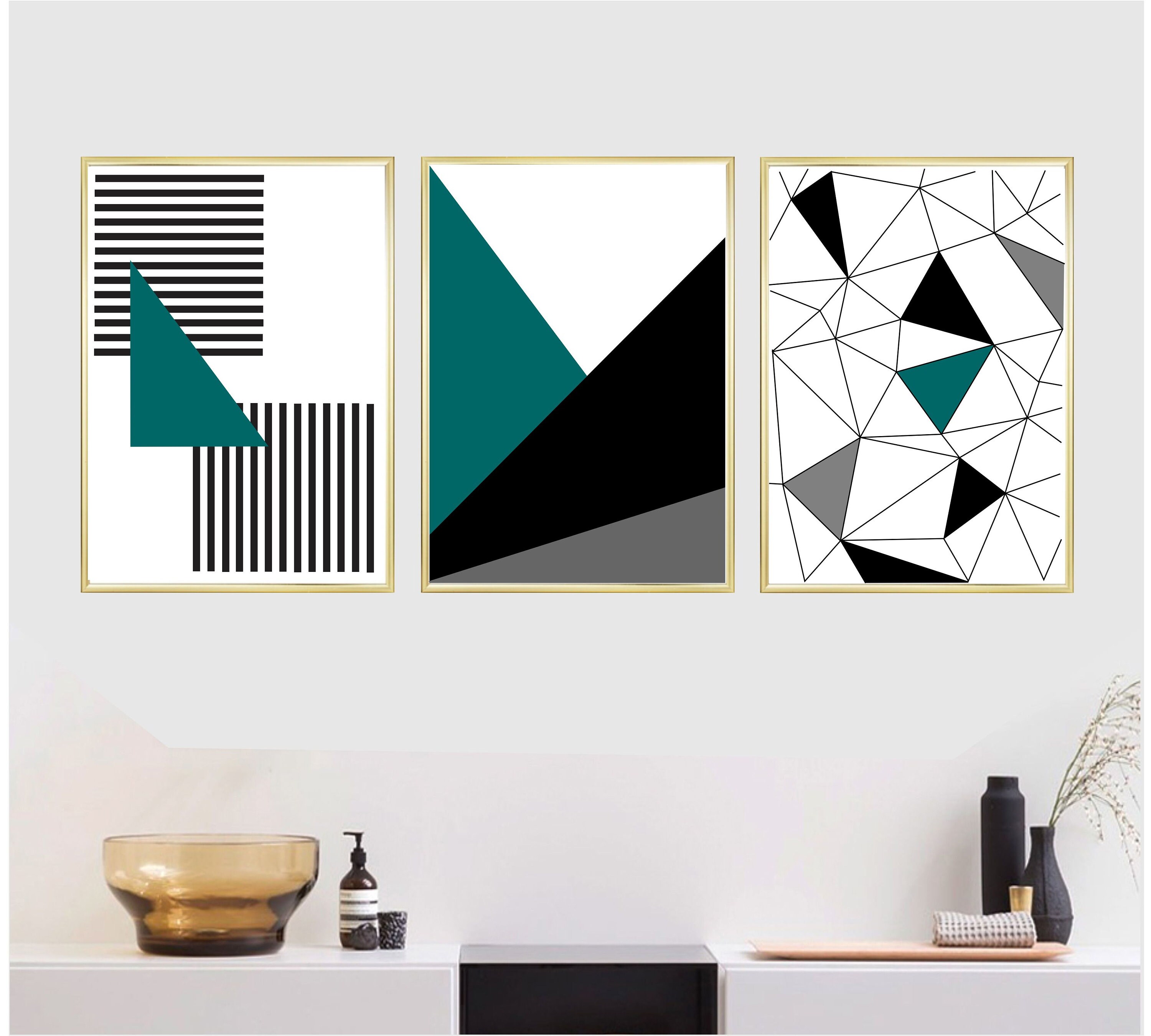 Set of 3 Geometric Prints Black and White Gold and Teal Blue | Etsy
