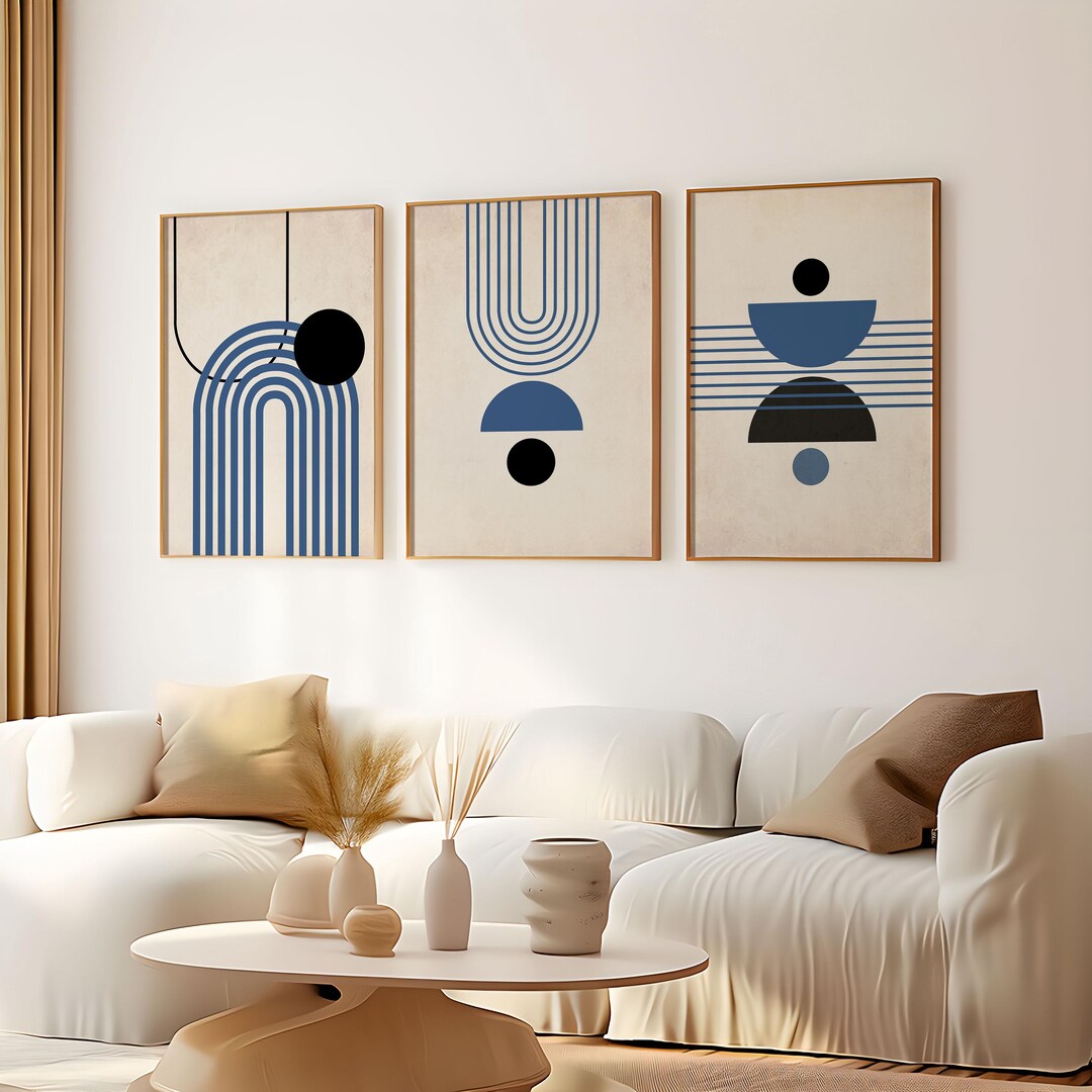 Blue Set of 3 Geometric Prints Printable Wall Art Set Digital Prints ...