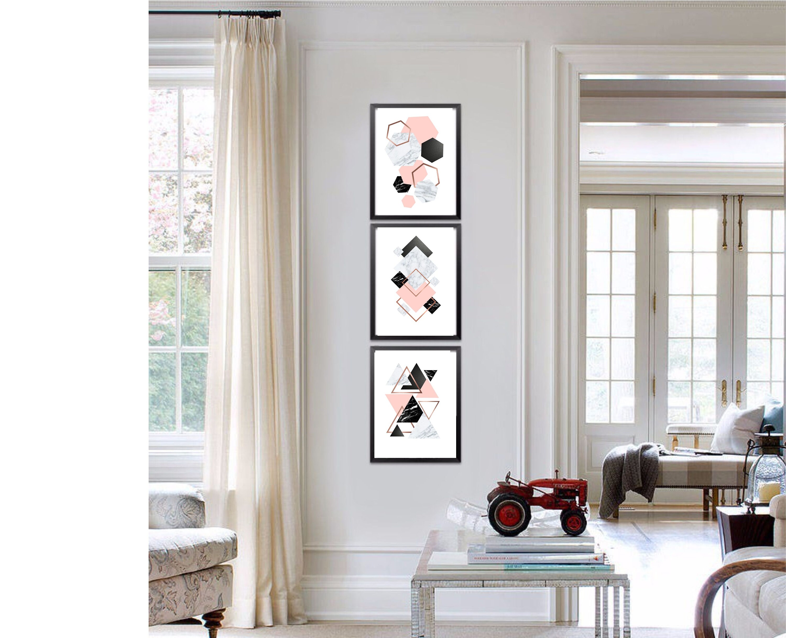 Set of 3 Geometric Prints Pink Marble Gray Rose Gold Printable Wall Art ...