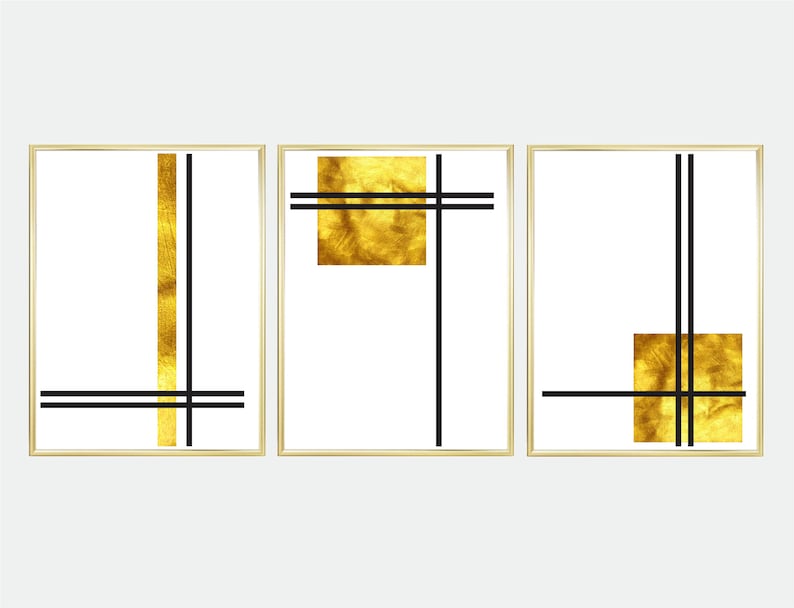 Set of 3 geometric prints gold and black vintage Printable wall art set Digital Prints modern abstract art