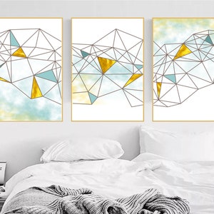 Set of 3 Geometric Prints Blue Gold Printable Wall Art Set Digital ...