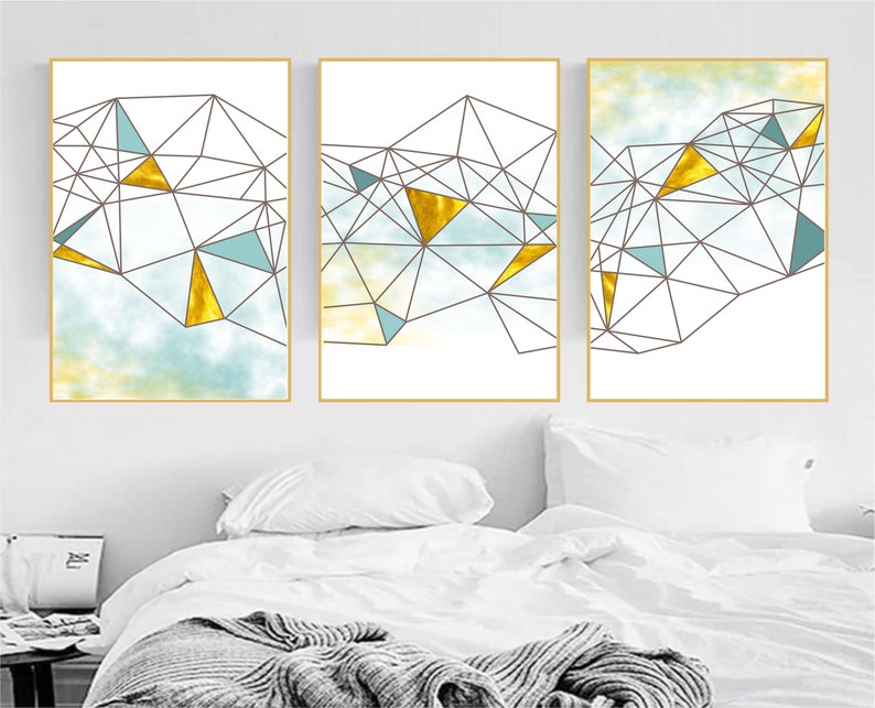 Set of 3 Geometric Prints Blue Gold Printable Wall Art Set Digital ...