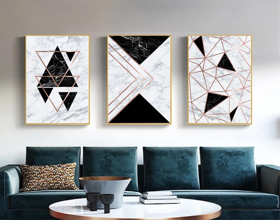 Set of 3 Geometric Prints Rose Gold Black Gray Marble Printable Wall ...