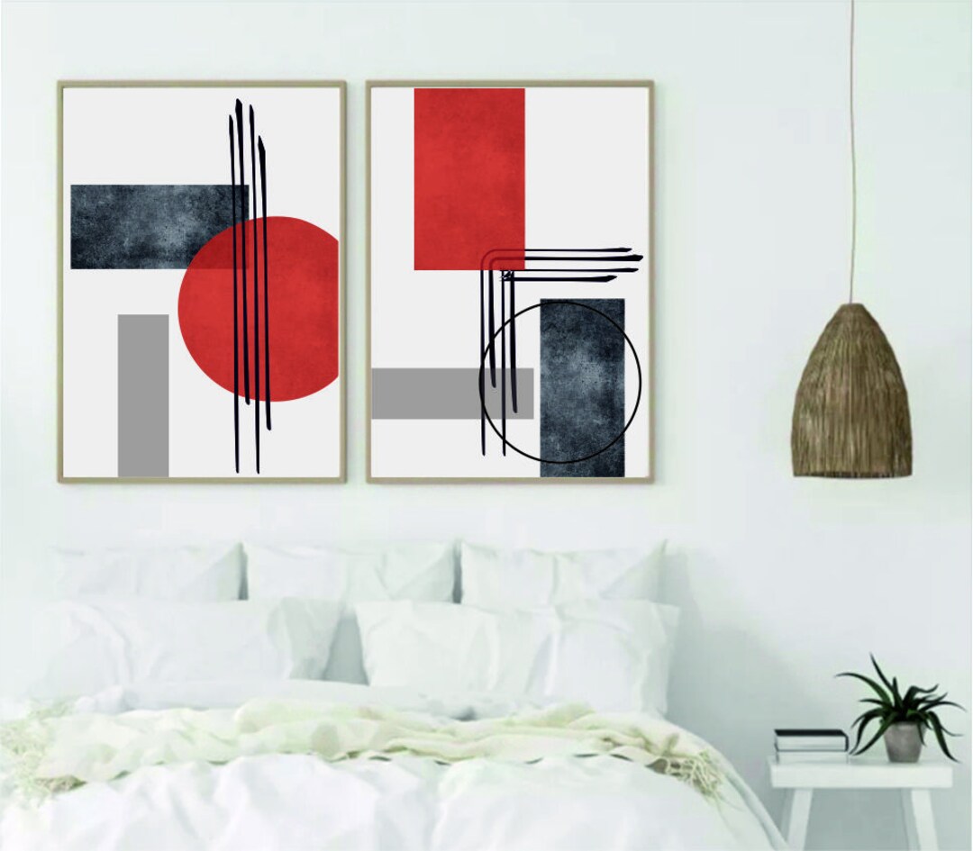 Set of 2 Geometric Prints Red and Black Printable Wall Art Set - Etsy