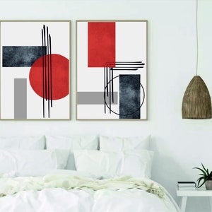 Set of 2 Geometric Prints Red and Black Printable Wall Art Set - Etsy