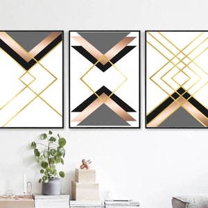 Set of 3 Geometric Prints Black and White Gold and Rose Gold Printable ...