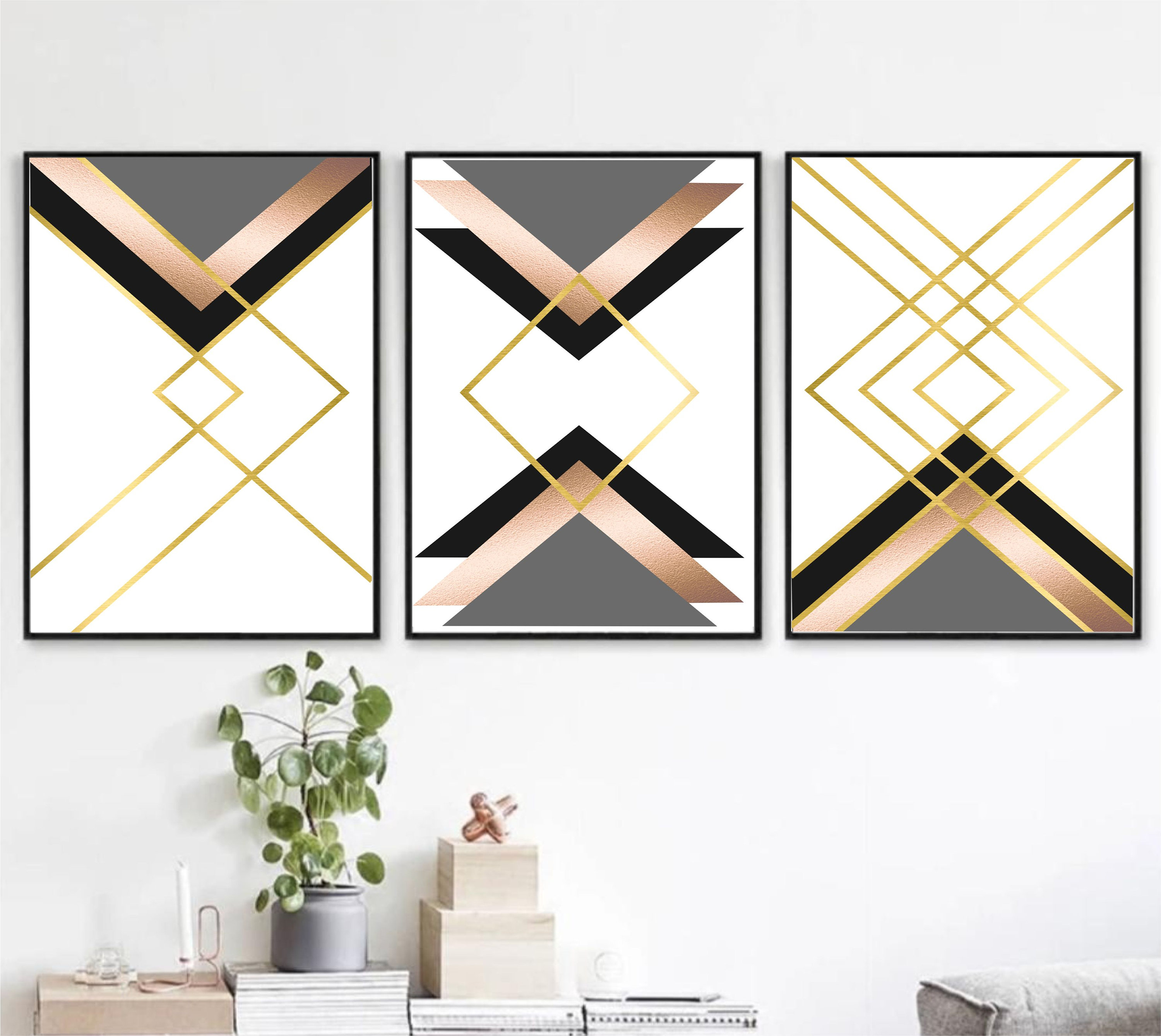 Set of 3 Geometric Prints Black and White Gold and Rose Gold Printable