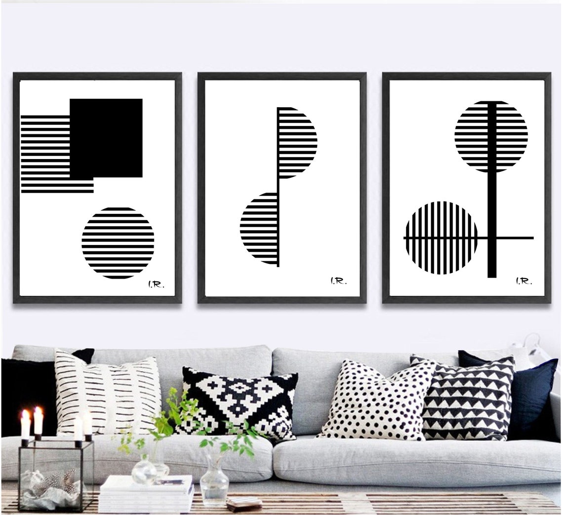 Set of 3 black and white Printable wall art set geometric | Etsy