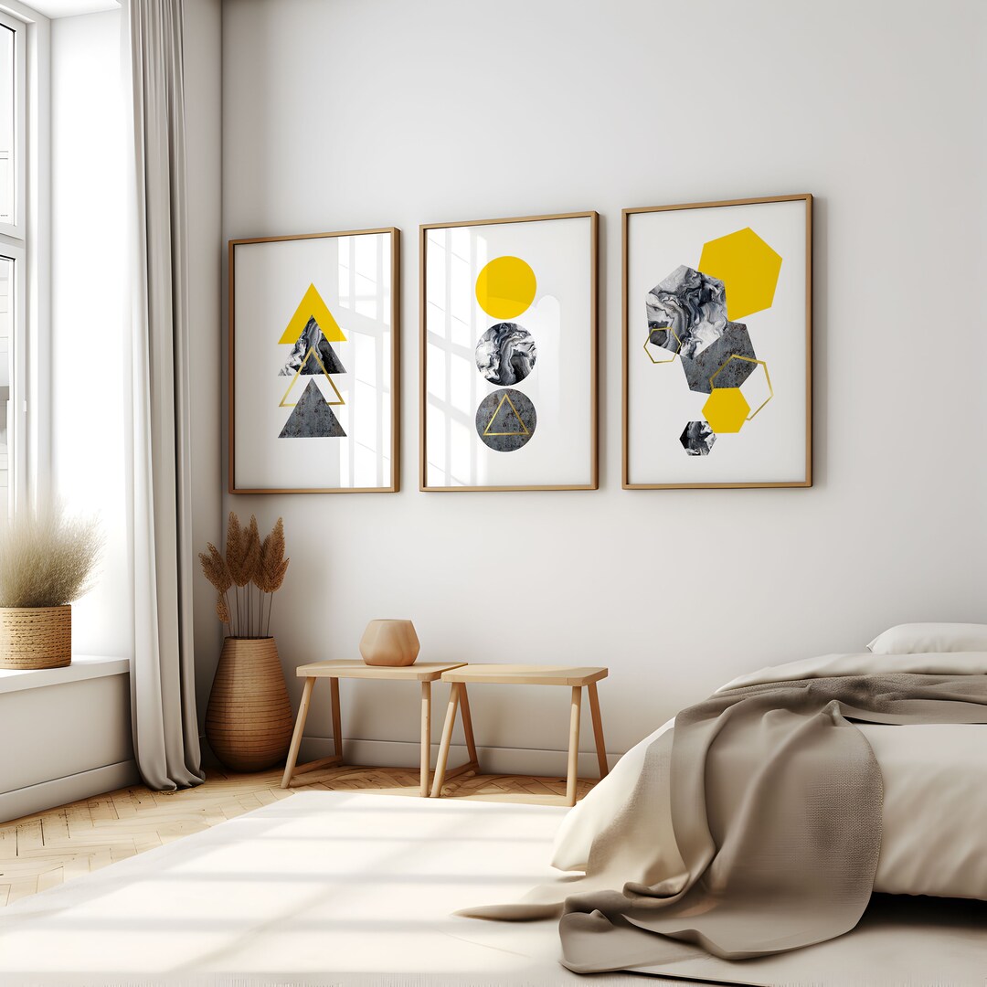 Set of 3 Geometric Prints Yellow Marble Gold Printable Wall Art Set ...
