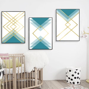 Set of 3 Geometric Prints Blue Gold Printable Wall Art Set Digital ...