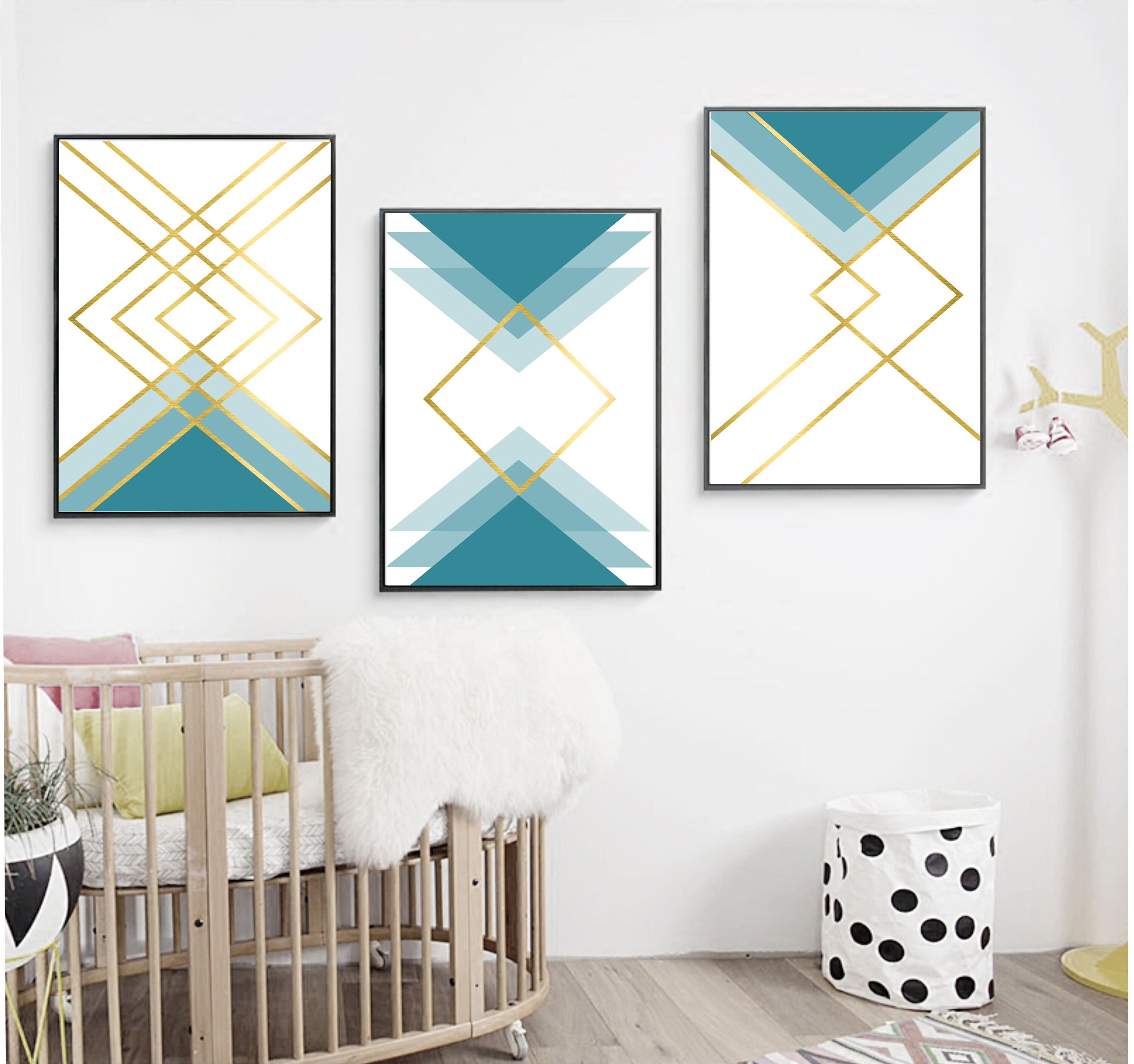 Set of 3 Geometric Prints Blue Gold Printable Wall Art Set - Etsy