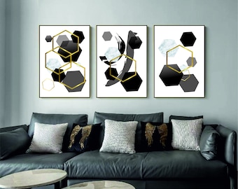 Set of 3 geometric prints black and white marble gold Printable wall art set Digital Prints