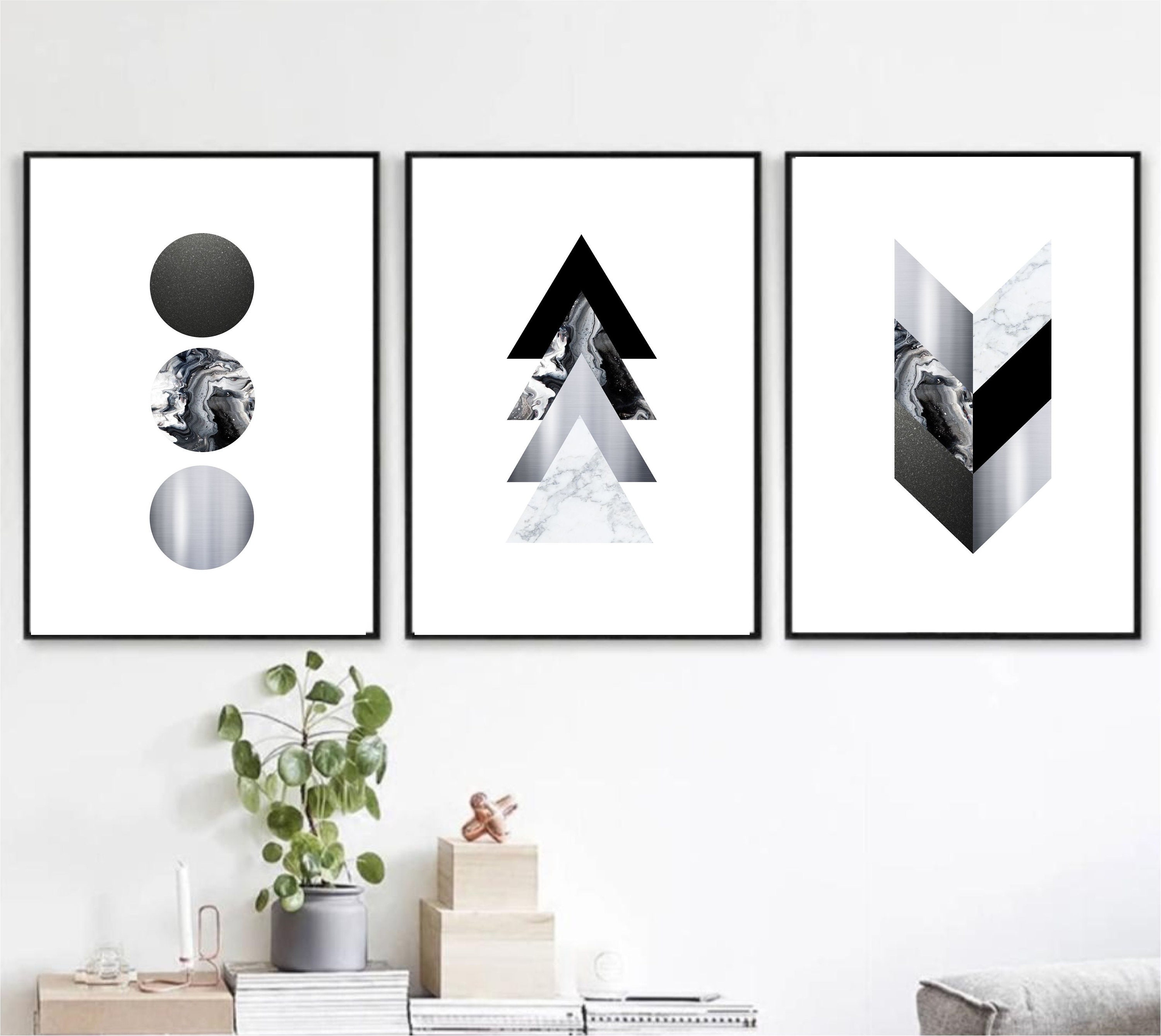 Set of 3 Geometric Prints Silver Black Gray Printable Wall Art - Etsy