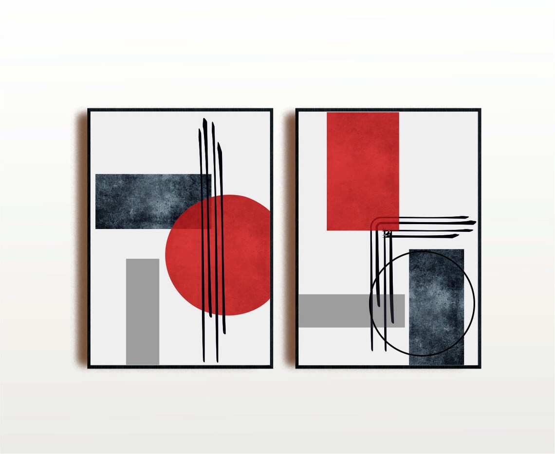 Set of 2 Geometric Prints Red and Black Printable Wall Art Set - Etsy