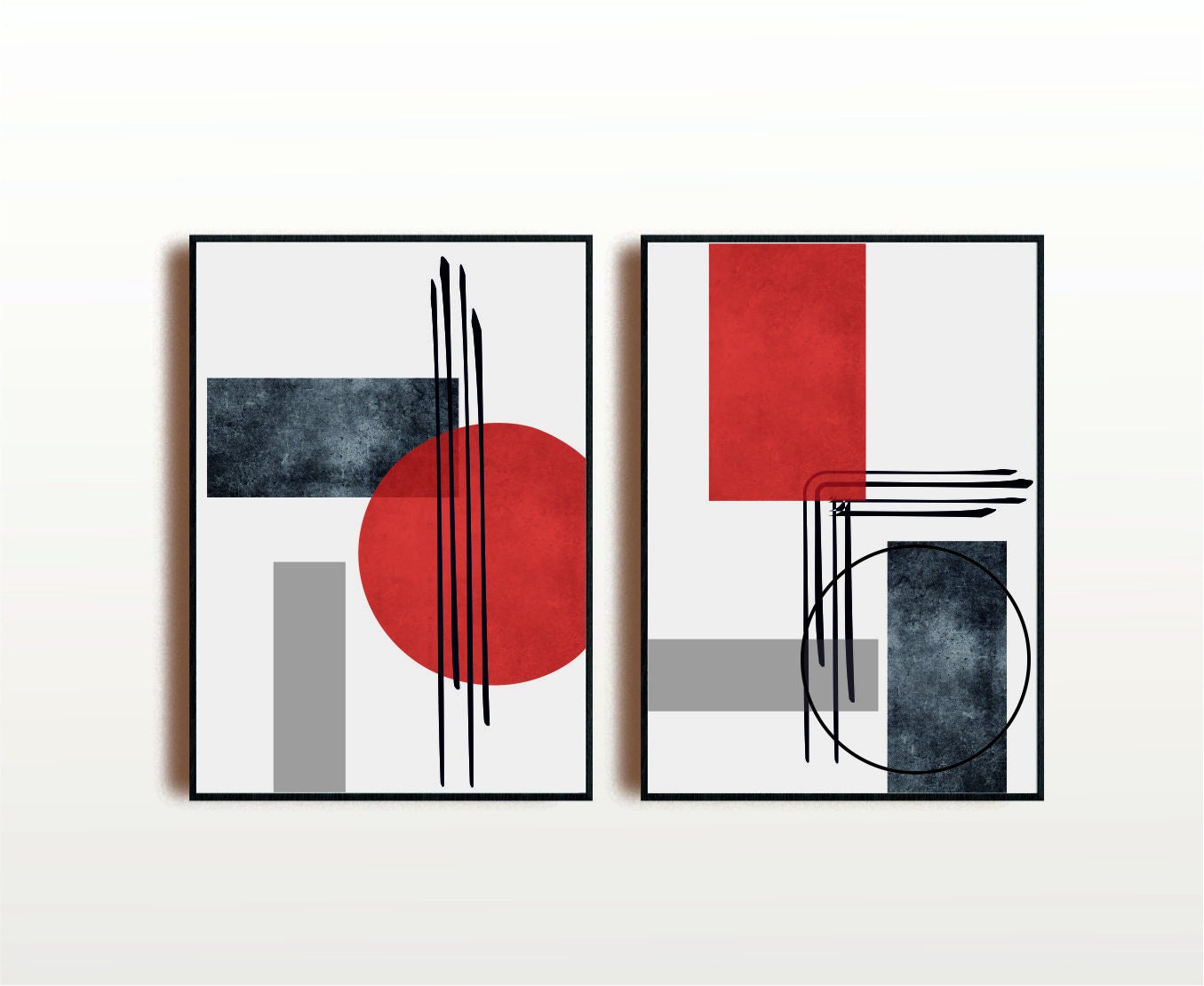 Set of 2 Geometric Prints Red and Black Printable Wall Art Set - Etsy