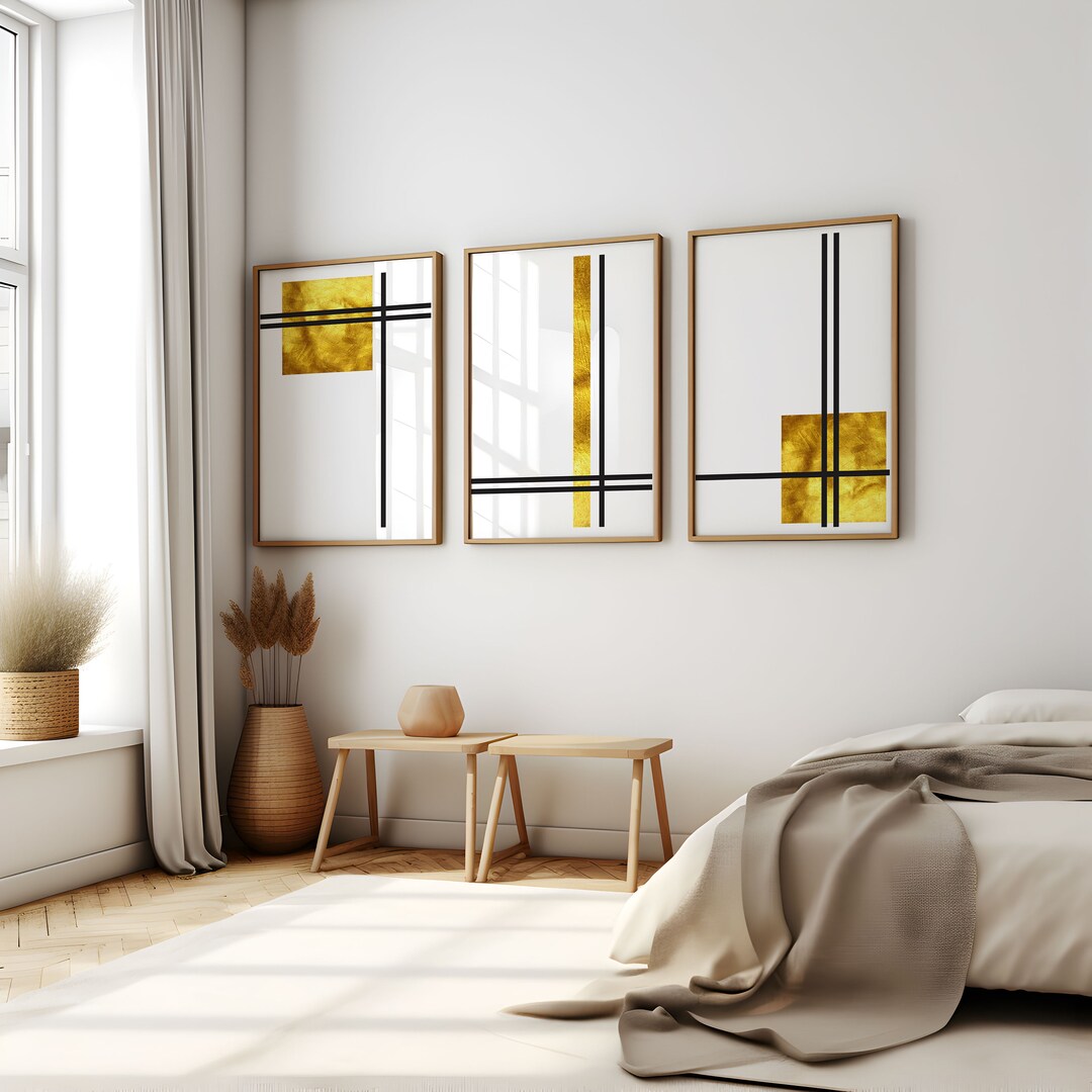 Set of 3 Geometric Prints Gold and Black Vintage Printable Wall Art Set ...