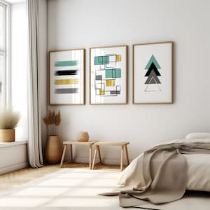 Printable wall art set of 3 Digital Prints geometric prints teal blue and gold printable prints