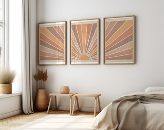Set of 3 boho sun geometric prints Printable wall art set Digital Prints modern home decor bedroom