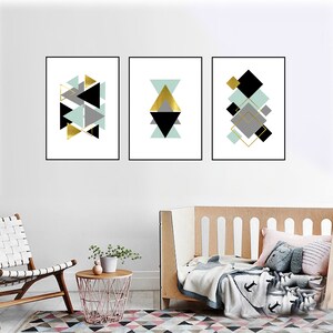 Printable Wall Art Set of 3 Digital Prints Geometric Print Teal and ...