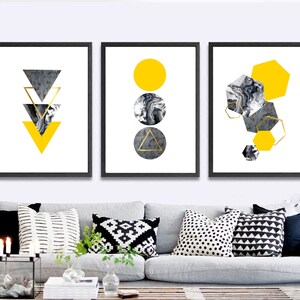 Set of 3 Geometric Prints Yellow Marble Gold Printable Wall Art Set ...
