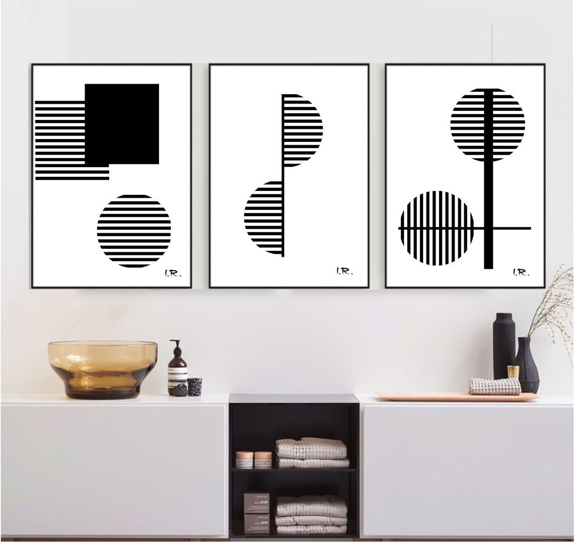 Set of 3 black and white Printable wall art set geometric | Etsy