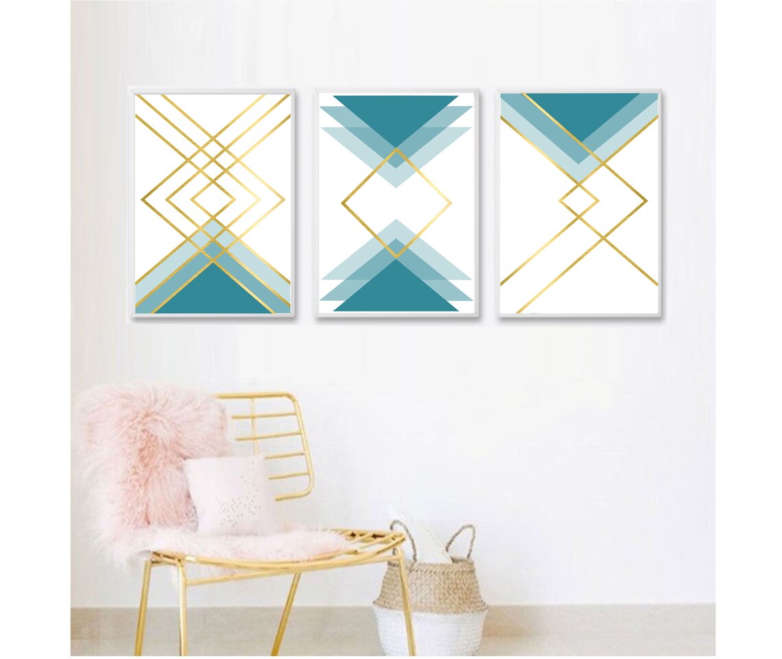 Set of 3 Geometric Prints Blue Gold Printable Wall Art Set - Etsy