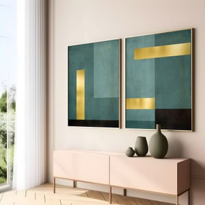Set of 2 geometric prints teal blue and gold Printable wall art set Digital Prints