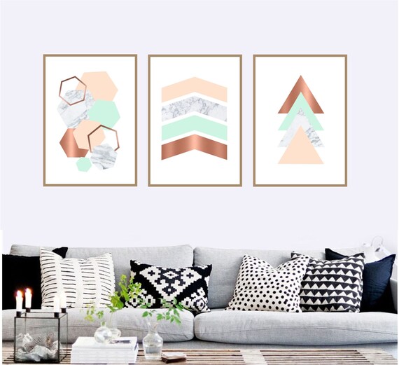 Set Of 3 Geometric Prints Pink Marble Mint Green Rose Gold Printable Wall Art Set Digital Prints