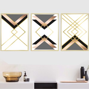 Set of 3 Geometric Prints Black and White Gold and Rose Gold Printable ...