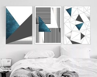 Set of 3 geometric prints blue silver Printable wall art set Digital Prints modern home decor bedroom