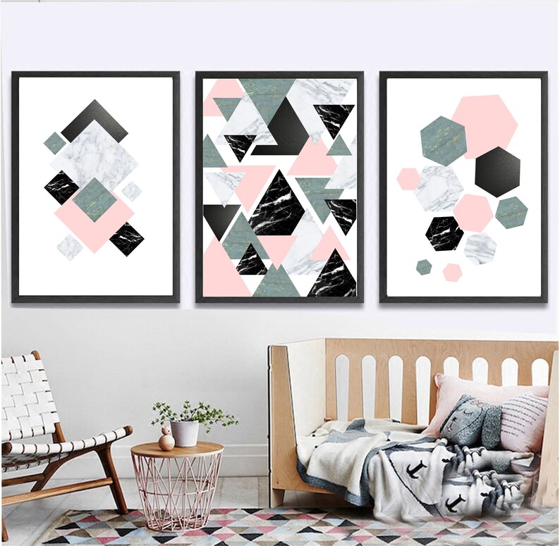 Set of 3 geometric prints pink blue black marble Printable wall art set Digital Prints modern abstract art