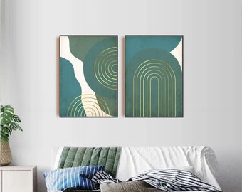 Set of 2 geometric prints green blue gold Printable wall art set Digital Prints