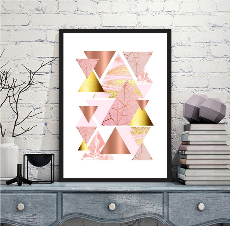 Set of 3 geometric prints pink marble rose gold Printable wall art set Digital Prints modern abstract art