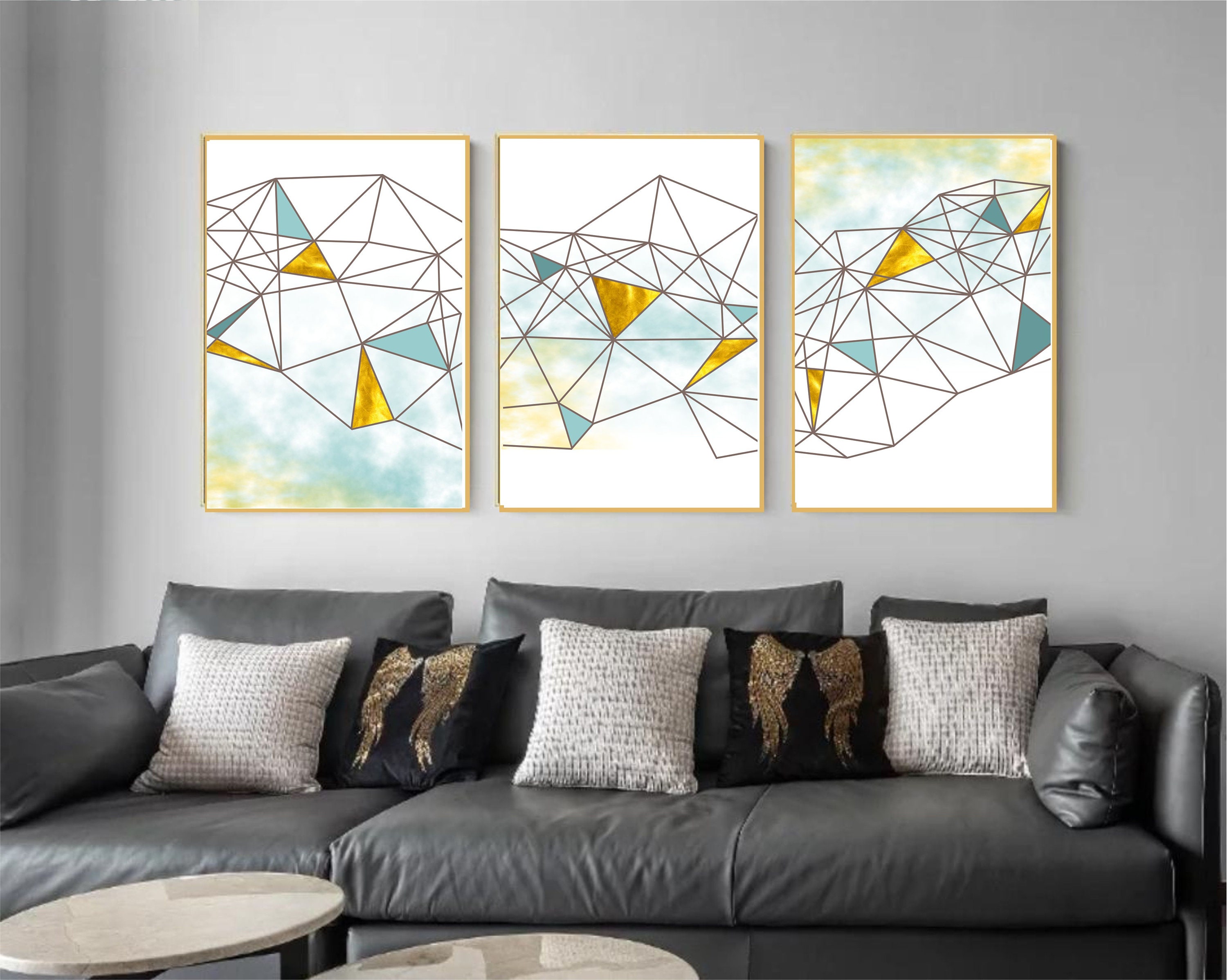 Set of 3 Geometric Prints Blue Gold Printable Wall Art Set Digital ...