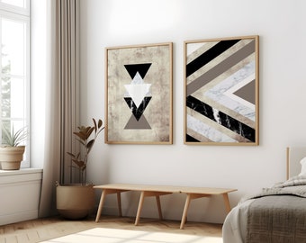 Set of 2 geometric prints black marble brown Printable wall art set Digital Prints