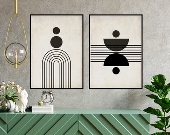 Set of 2 geometric boho prints black gray beidge Printable wall art set Digital Prints