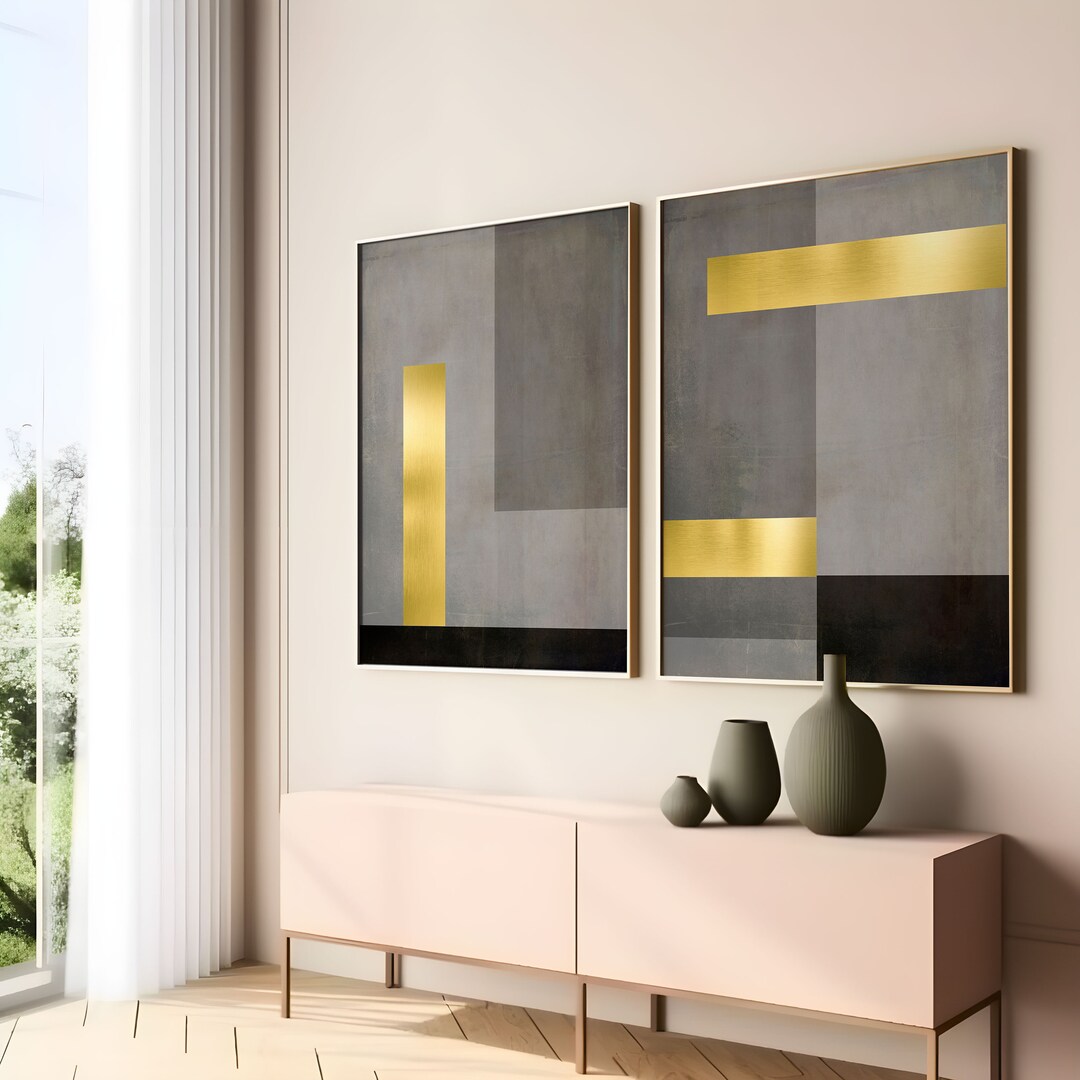 Set of 2 Geometric Prints Black and Gold Printable Wall Art Set Digital ...