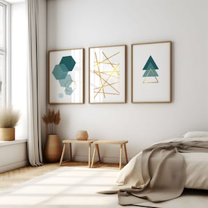 Set of 3 geometric prints teal blue and gold Printable wall art set Digital Prints modern abstract art