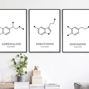Serotonin set of 3 chemistry prints black and white molecule adrenaline dopamine Printable wall art set Digital Prints