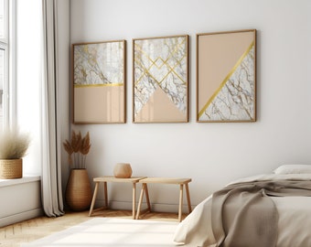 Set of 3 geometric prints marble gold beige Printable wall art set Digital Prints modern home decor bedroom