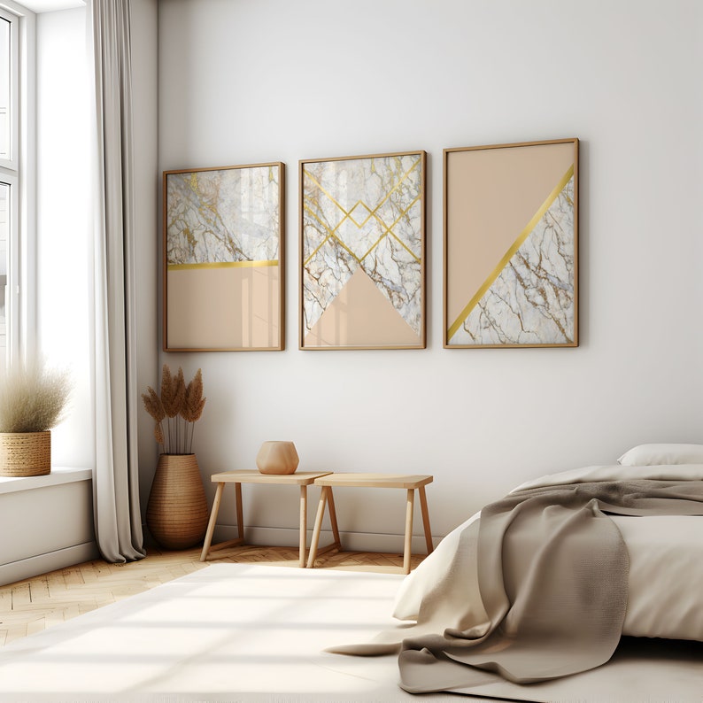 Set of 3 Geometric Prints Marble Gold Beige Printable Wall Art Set ...