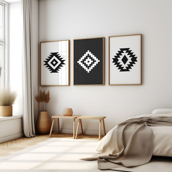 Set of 3 Printable wall art set Digital Prints black and white geometric print ethnic motif