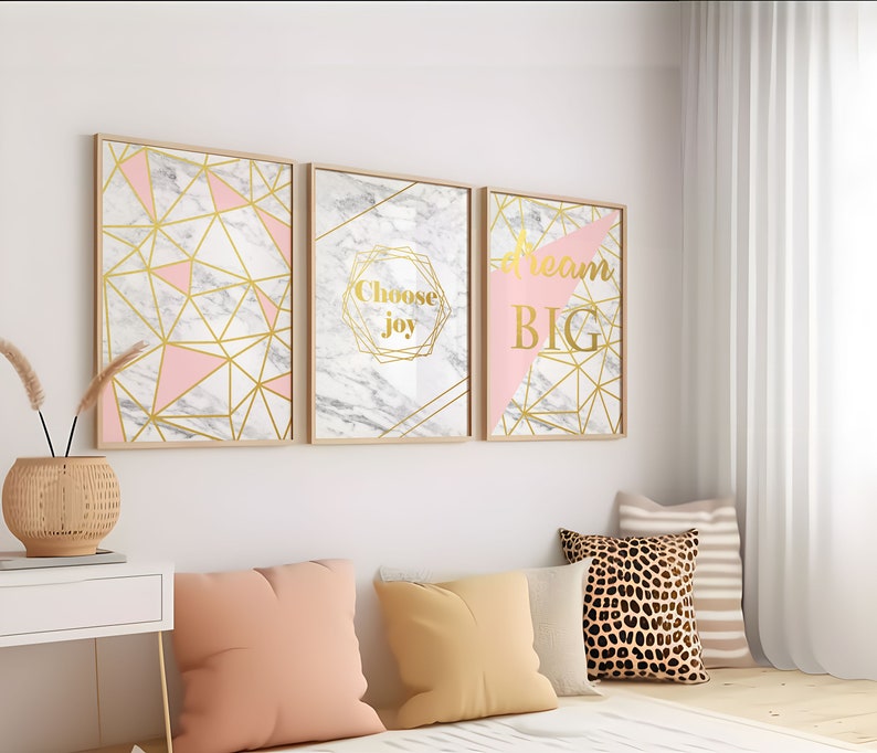 Set of 3 Geometric Prints Pink Marble Gold Printable Wall Art Set ...
