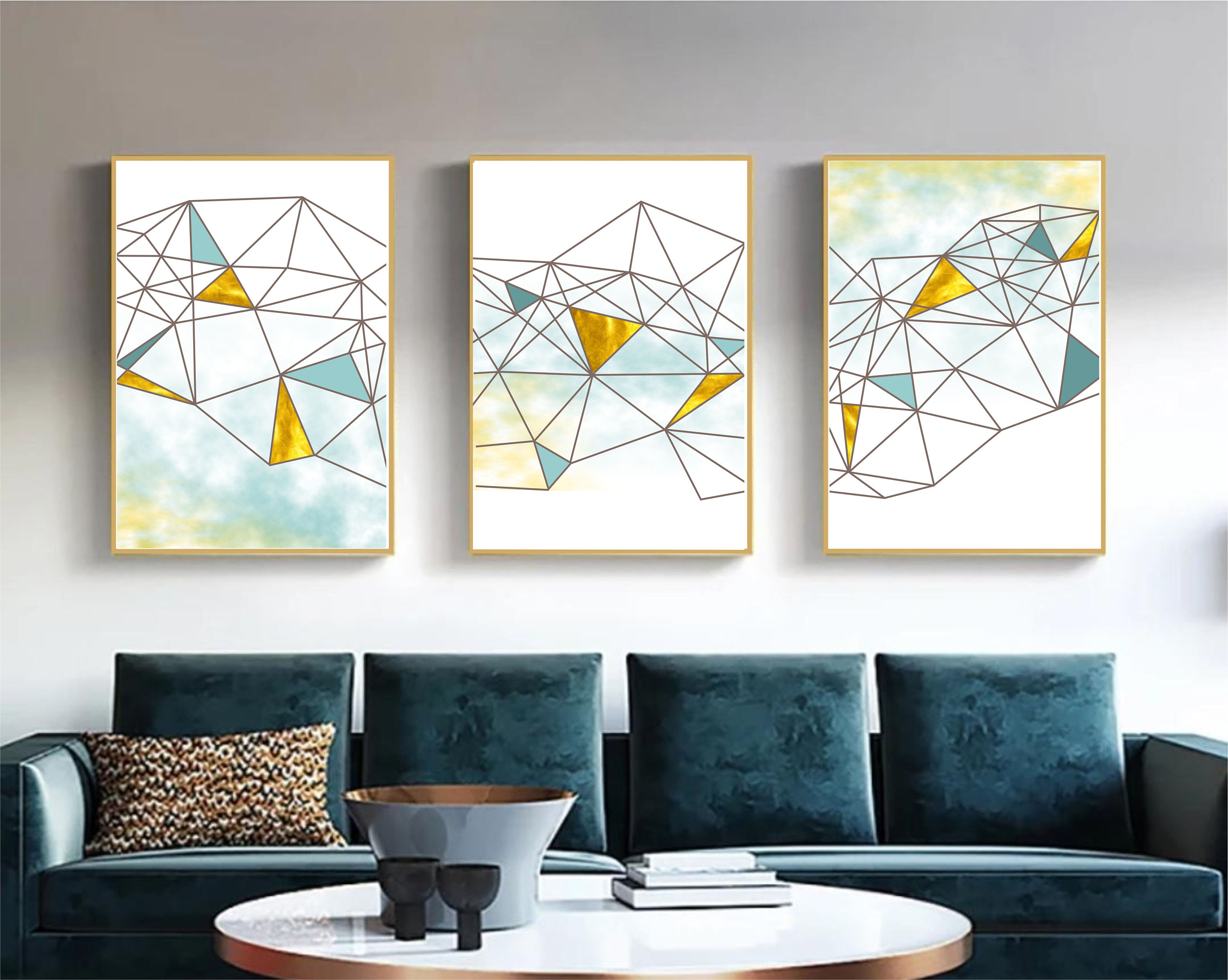 Set of 3 Geometric Prints Blue Gold Printable Wall Art Set Digital ...