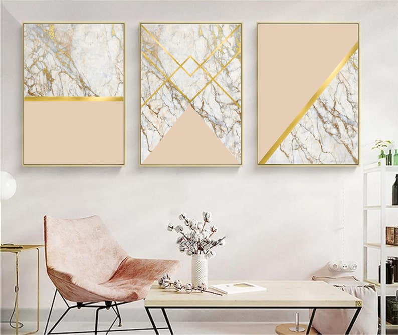 Set of 3 Geometric Prints Marble Gold Beige Printable Wall Art Set ...