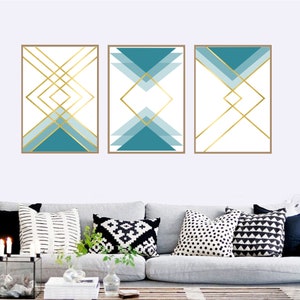 Set of 3 Geometric Prints Blue Gold Printable Wall Art Set Digital ...