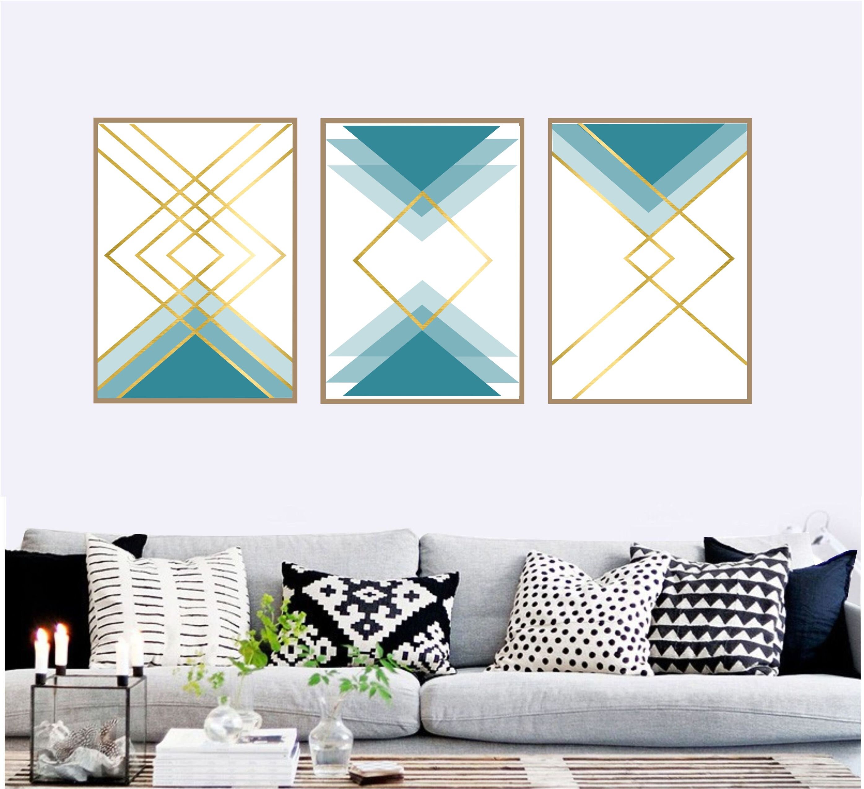 Set of 3 Geometric Prints Blue Gold Printable Wall Art Set - Etsy
