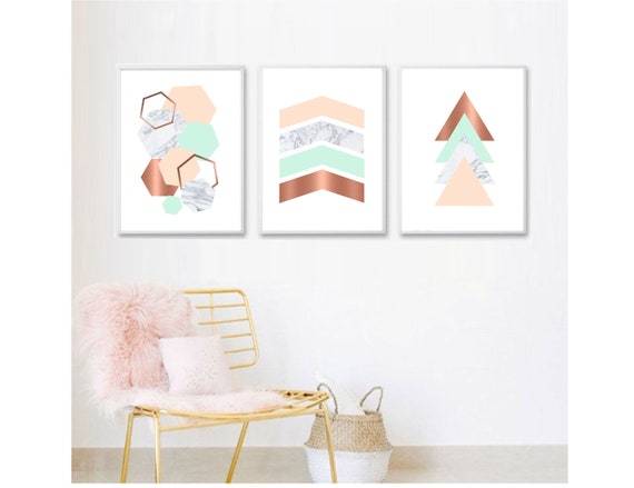 Set Of 3 Geometric Prints Pink Marble Mint Green Rose Gold Printable Wall Art Set Digital Prints