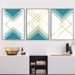 Set of 3 Geometric Prints Blue Gold Printable Wall Art Set Digital ...